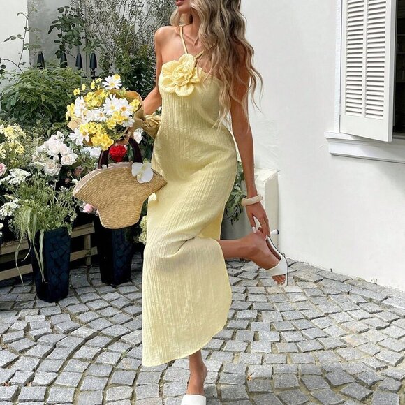 Dresses & Skirts - Yellow Casual Bohemian Women's Floral Halter Maxi Dress